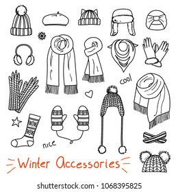 Set of hand drawn women accessories. Winter hats, scarfs, mittens and socks. Fashion collection. Black and white doodle illustration.