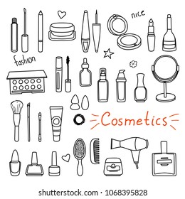 Set of hand drawn women accessories. Cosmetics. Black and white doodle illustration.