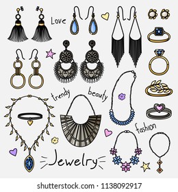 Set of hand drawn women accessories. Jewelry - earrings, rings, necklaces. Fashion collection. Colored doodle illustration.