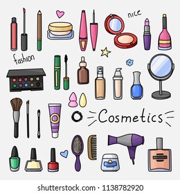 Set of hand drawn women accessories. Cosmetics. Colored doodle illustration. - Shutterstock ID 1138782920