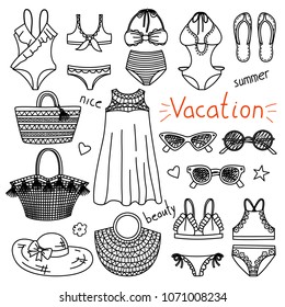 Set of hand drawn women clothes and accessories. Vacation objects -swimming suits, bags, sunglasses, hat. Black and white doodle illustration