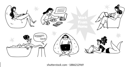 Set of hand drawn women working from home. Young women working in a cozy home environment. Vector stock doodle illustration isolated on white background.
