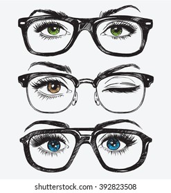 Set of hand drawn women's eyes with hipster glasses