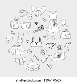 Set of hand drawn women's things (clothes, underwear, accessories), flowers, hearts and stars in doodle style. Black and white isolated vector illustration
