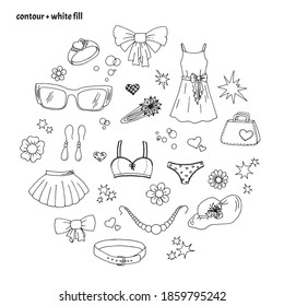 Juego de cosas de las mujeres dibujadas a mano (ropa, ropa interior, accesorios), flores, corazones y estrellas en estilo doodle. Ilustración vectorial aislada incolora (contorno negro y relleno blanco)