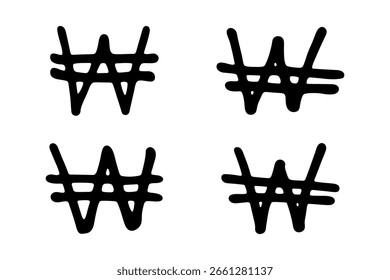 Satz handgezeichneter Won-Währungssymbole. Pinsel Strich doodle. Einzelelement für Design
