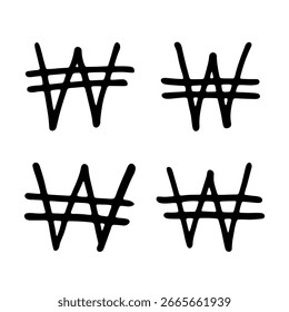 Set of hand drawn won currency symbol. Brush stroke doodle. Single element for design