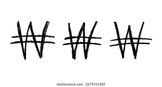 Set of hand drawn won currency symbol. Brush stroke doodle. Single element for design