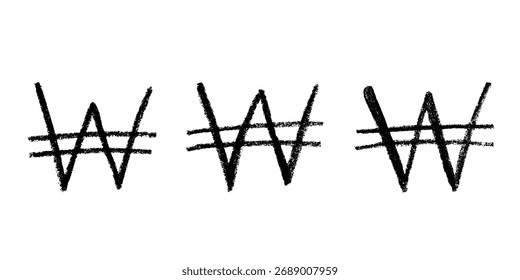 Set of hand drawn won currency symbol. Brush stroke doodle. Single element for design