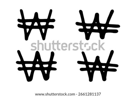 Set of hand drawn won currency symbol. Brush stroke doodle. Single element for design