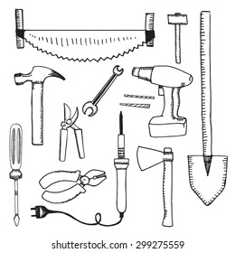 Set of hand drawn work tools. Vector doodle elements.
