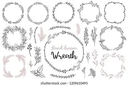 Set of hand drawn wreath and branches. Decorative elements for your design. Vector illustration