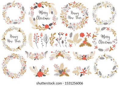 Set of hand drawn wreath, branches and winter floral. Decorative elements for your design. Vector illustration