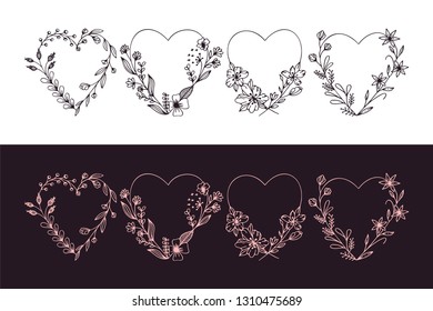 Set of hand drawn wreath hearts with stylized flowers - vector illustration design for t shirt graphics, fashion prints, slogan tees, stickers, cards, posters and other creative uses