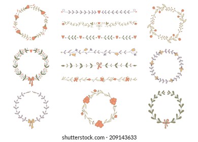 Set of hand drawn wreaths and boarders. EPS 10. No transparency. No gradients.