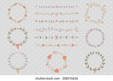 Set of hand drawn wreaths and borders. EPS 10. No transparency. No gradients.