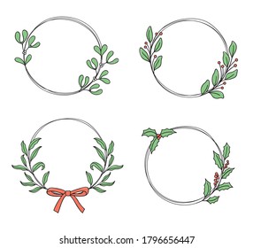 Set of hand drawn wreaths with mistletoe, holly and other foliage for Christmas, winter and everyday design