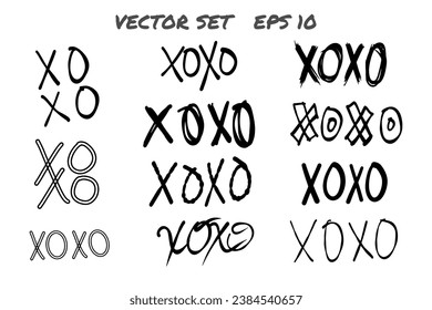 Set of Hand drawn XOXO Grungy calligraphy vectors, isolated on background. Fun XOXO doodles.  Kisses and Hugs symbol lettering. Vector Illustration. EPS 10.