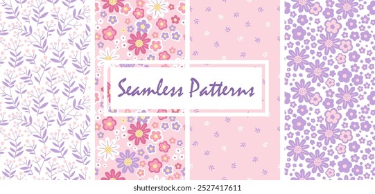 Set of hand drawn y2k seamless pattern with stylized tiny flowers in pastel colors on pink background