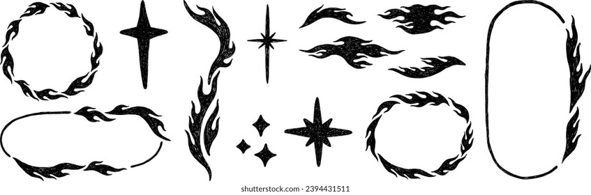 Set of hand drawn y2k style flame elements, star, fire frame. Trendy grunge scrawl icon for stickers. Freehand pencil drawing vector illustration.