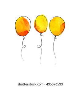 set of hand drawn yellow balloons with watercolor texture isolated on white background