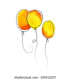 Conjunto de globos amarillos dibujados a mano con textura de acuarela aislada sobre fondo blanco