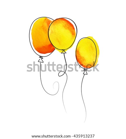 set of hand drawn yellow balloons with watercolor texture isolated on white background