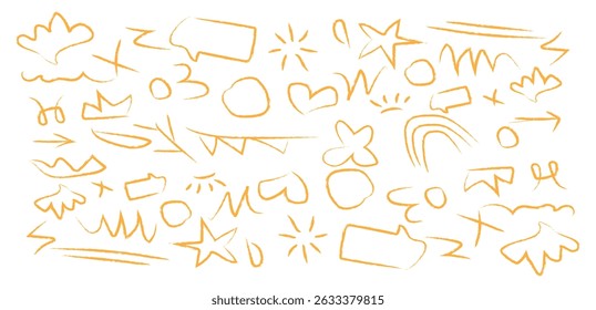 Set of hand drawn yellow brush stroke. Shine or sparkle doodle collection. Yellow highlight marker lines set isolated on transparent background. yellow Vector illustration.