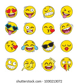 A set of hand drawn yellow smiley emoji face icons, also known as emoticons. Vector set.