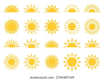 Set of hand drawn yellow sun illustrations in various styles with rays, full and half sun designs