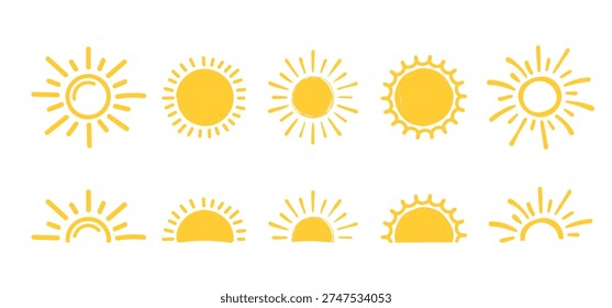 Set of hand drawn yellow sun illustrations, full and half sun designs