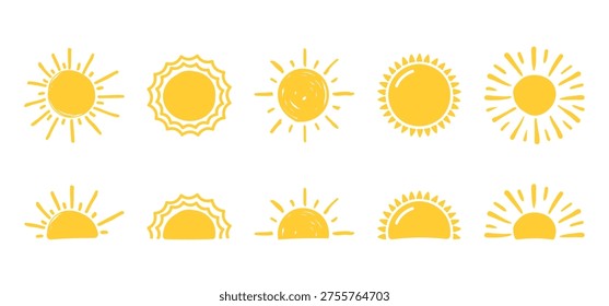 Set of hand drawn yellow sun illustrations with various sun and ray styles, full and half sun designs