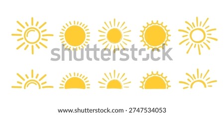 Set of hand drawn yellow sun illustrations, full and half sun designs