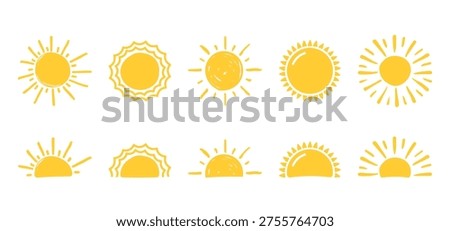 Set of hand drawn yellow sun illustrations with various sun and ray styles, full and half sun designs