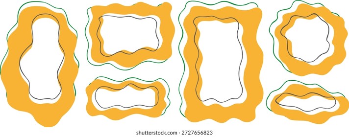 Conjunto de marcos ondulados amarillos dibujados a mano en estilo retro con contornos offset.