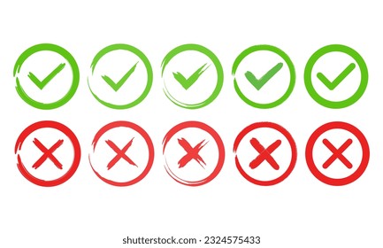 Set von Hand gezeichnet ja und nein Knöpfe. Satz von roten und grünen Kreuzen und Auswahlfeldern. Schaltfläche für die Schnittstelle. Set von grünen und roten Kreuzen und Markierungen, ja, nein, richtig, falsch, genehmigt, abgelehnt.