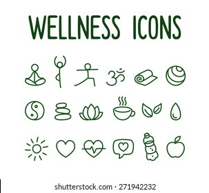 Set of hand drawn yoga and wellness line icons.