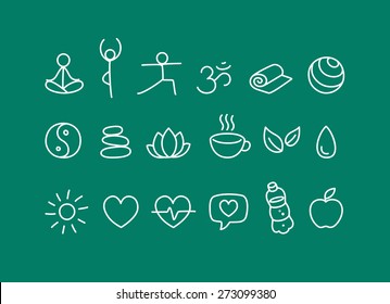 Set of hand drawn yoga and wellness line icons.