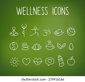 Set of hand drawn yoga and wellness line icons on a blurred "frosted glass" background.