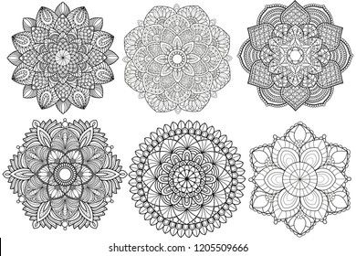 Set of hand drawn zen tangle Mandalas. Black and white isolated vector doodle.  Use for your design, textiles, posters, tattoos, advertisement,decoration, templates,yoga posters