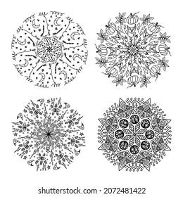 Set of hand drawn zen tangle Mandalas. Black and white isolated vector doodle. Use for your design, textiles, posters, tattoos, advertisement,decoration, templates,yoga posters. Coloring page elements