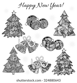 Set hand drawn Zentangle pattern and Fir  trees  Bells   New Year's Balls  Vector file organized in groups for easy editing 