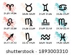 Set of hand drawn zodiac signs with dates. Collection of vector zodiacs on an abstract background. Aries, Taurus, Leo, Gemini, Virgo, Scorpio, Libra, Aquarius, Sagittarius, Pisces, Capricorn,Cancer.