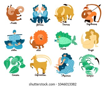 Set of hand drawn zodiac signs including leo, taurus, pisces, libra, gemini and virgo isolated vector illustration 