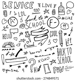 Set of hand drawnback to school doodle items