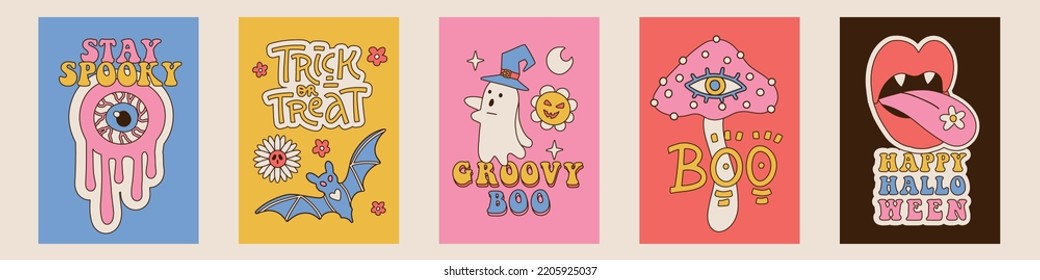 Set of hand drawngroovy Halloween posters or cards. Hippie invitation card, banner design in modern vintage groovy 70s style wilth lettering and font text. A4 size