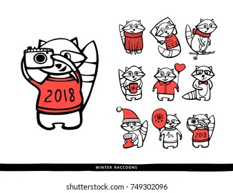 Set of hand drawns winter raccoons. Vector line illustrations isolated on white backgroud.  