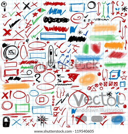 set of hand drawn,text correction and highlighting elements