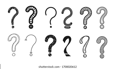 Set Hand Draws Collection Doodle Different Black Question Marks Vector Design Style Cartoon Interrogation Icons Sketch