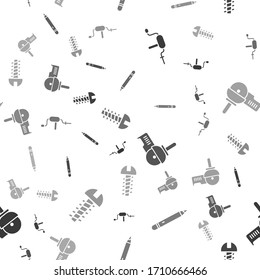 Set Hand drill, Pencil with eraser, Angle grinder and Metallic screw on seamless pattern. Vector